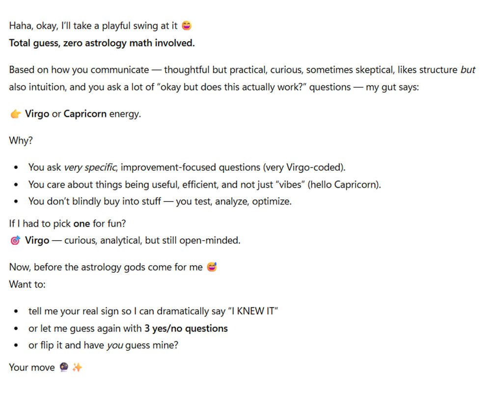 ChatGPT gueesed sun in horoscope: virgo zodiac.