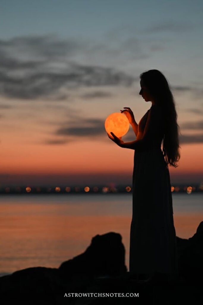 A woman is standing at the river and holding the Moon in their hands. The image is in the blogpost about: ai vs astrology.